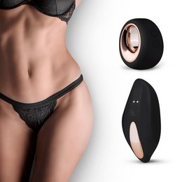 Black lace vibrating tanga slip with cutout details.