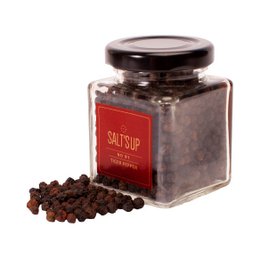  Dark brown whole peppercorns in a glass jar labeled "SALT'N'PEPPER". The peppercorns have a round, spherical shape and a coarse, textured surface.