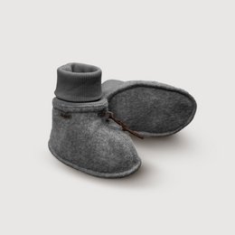  "Gray wool baby booties with ribbed cuff, soft felt sole, warm winter footwear for infants"