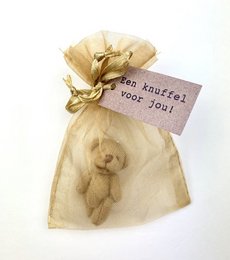 A plush teddy bear in a burlap gift bag with a tag that says "You knitted for you!"

The image shows a plush teddy bear inside a burlap gift bag. The bag has a tag attached that says "You knitted for you!". The teddy bear appears to be made of soft, light-colored fabric. This product is a plush toy, likely intended as a gift or keepsake.