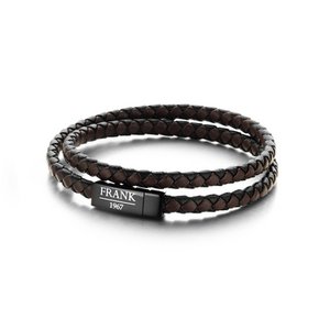 Frank 1967 7FB-0155 Wickelarmband für Herren mit Stahlelement – ​​geflochtenes Leder und doppelt gewickelt – Größe M – Braun/Schwarz