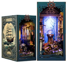  Wooden 3D puzzle book nook, ocean mystery theme, ship sailing vessel, dark teal blue color, illuminated diorama display.