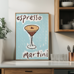  'Espresso martini cocktail poster with stylized drink illustration and text. Vibrant colors and retro design elements.'

The image shows a poster featuring a stylized illustration of an espresso martini cocktail. The poster has a retro, vintage-inspired design with vibrant colors of blue, pink, and green. The text on the poster reads "espresso martini" and "Cosmo". The illustration depicts the cocktail glass with a frothy, creamy top. This poster would be suitable for use in an ecommerce store selling home decor, bar accessories, or cocktail-themed products.