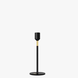 Black metal candle holder, 19 cm tall, for use with candles.