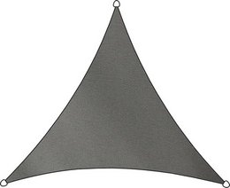 A large, triangular gray shade sail designed for outdoor use in a garden or patio setting. The sail is made of a durable, weather-resistant material and is suspended from a frame or posts to provide shade and protection from the sun.