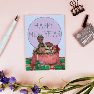 New Year's postcard dog picnic