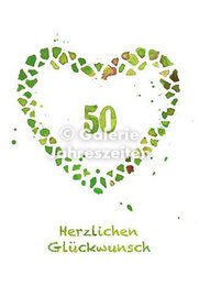  Heart-shaped birthday card, green leaves design, number 50, German text "Herzlichen Glückwunsch", folding card.