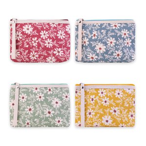 Cosmetic bag with floral print with patch, 4 assorted