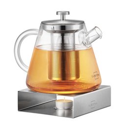 Glass teapot with stainless steel warmer set. The teapot is made of clear glass and has a stainless steel warmer base. The teapot has a round, tall shape and the warmer base has a simple, minimalist design.