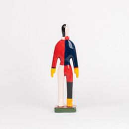 Colorful abstract sculpture of a sportsman figure with geometric shapes and bold colors.