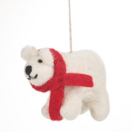 Handmade felt polar bear decoration with a red scarf, hanging from a Christmas tree.