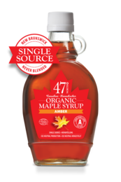 Organic maple syrup from Canada, amber color, rich flavor, 250g bottle.