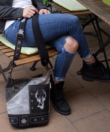 Domelo traditional bag. Women's shoulder bag. Dirndl shoulder bag made of canvas and leather. Handbag in traditional style with deer edelweiss print. Crossbody bag for women as Oktoberfest accessories.