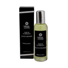 A 100ml room spray with a refreshing orange blossom scent, packaged in a sleek black and silver bottle.