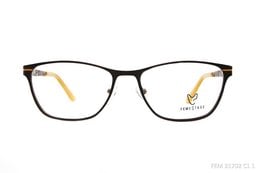 Black rectangular eyeglasses with gold accents, suitable for women.