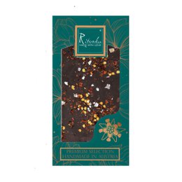 Dark chocolate bar with salt, chili, and colorful sprinkles. Premium handmade chocolate gift from Austria.