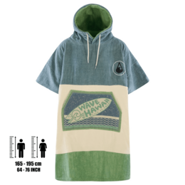 Soft, hooded cotton velor poncho in a relaxed, casual style with a colorblock design in shades of green.