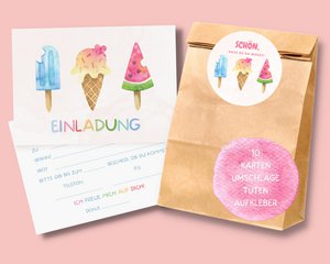 Eis Einladungskarten und Gastgeschenktüten Set für Eis Kindergeburtstag