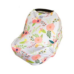 A multi-use nursing and car seat cover with a floral pattern, providing protection and privacy for breastfeeding and napping.