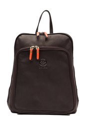 A brown backpack with orange accents, suitable for everyday use or travel. The backpack features a spacious main compartment, adjustable straps, and a sleek, modern design.