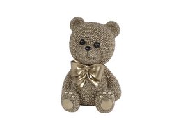 Glittering teddy bear sculpture, medium size, sparkly gold material, sitting pose, decorative statue