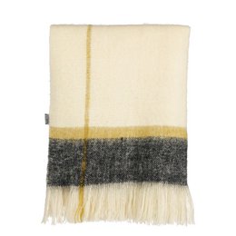  Plaid throw blanket in off-white color with a black and yellow striped pattern, measuring 180 cm long by 130 cm wide.