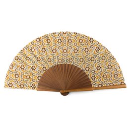  A brown silk fan with a natural wood frame, featuring a decorative floral pattern in shades of yellow and brown.