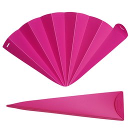  A pink opaque hand fan with a wooden handle, surrounded by other colorful fans and accessories.