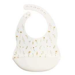 "Silicone bib with a white background and a spring-themed floral print. The bib is made of soft, flexible silicone material and is suitable for babies and toddlers."