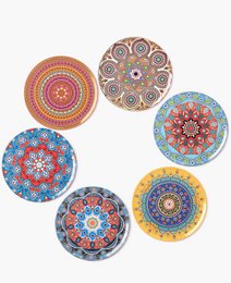 Colorful, round coasters with intricate mandala designs in various patterns and styles. Suitable for home decor, tabletop use, and as a unique gift.