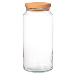 A tall, clear glass storage jar with a wooden lid, suitable for storing various kitchen items.

The product is a glass storage jar with a wooden lid, measuring 1400 cc in capacity. The jar has a tall, cylindrical shape and is made of clear glass, allowing the contents to be visible. The lid is made of wood, providing a natural and functional closure for the jar. This storage jar is suitable for keeping a variety of kitchen items, such as dry goods, spices, or other small items, organized and easily accessible.