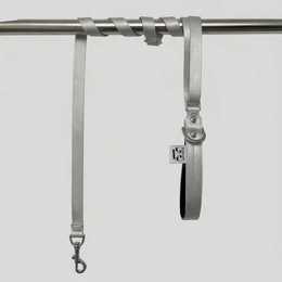  Vegan leather dog leash, grey and black, adjustable length, modern minimalist design, durable pet accessory.