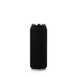 A black, soft-touch, 500ml isothermal tin can for travel cups. The can has a sleek, minimalist design with a matte finish.
