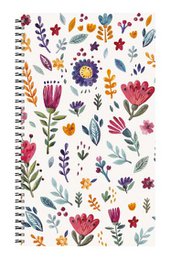 A colorful wall calendar featuring a variety of whimsical floral illustrations, including flowers, leaves, and other botanical elements in a range of vibrant hues.