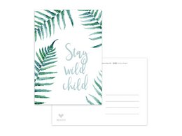 Postcard with green palm leaves and the text "Stay wild child" in a handwritten style font.