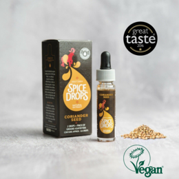 Coriander seed natural extract, vegan, award-winning spice drops. Contains coriander seeds, a natural spice with a warm, citrusy flavor. Suitable for vegans.