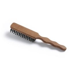 Wooden hair straightening brush with boar bristles for smooth, shiny hair.
