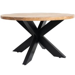 Mango wood coffee table with black X-shaped metal base. Round, natural wood top with rustic, organic appearance. Suitable for modern or industrial-style living rooms.