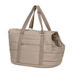 A beige, padded dog carrier bag with two handles and a zippered compartment. The bag is designed for transporting small pets and features a sturdy construction.