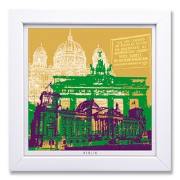 A framed art print featuring a colorful illustration of the iconic architecture of Berlin, Germany. The image showcases the city's famous landmarks, including the Reichstag building and the Berlin Cathedral, set against a vibrant yellow and green background.