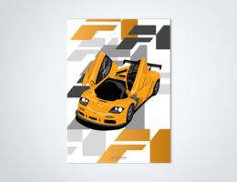 Stylized poster featuring an orange McLaren F1 GTR sports car with distinctive gull-wing doors. The poster has a modern, geometric design with contrasting colors and shapes.