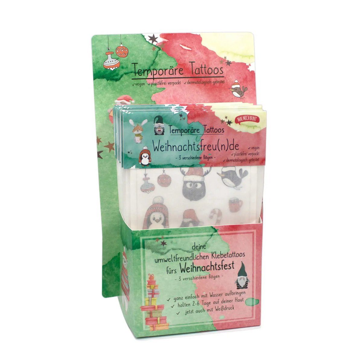 Display für nachhaltige Kindertattoos Weihnachten (1 Display: 18 Stück)
