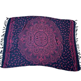 A vibrant, patterned beach sarong in shades of pink and purple. The sarong features a large, intricate mandala design in the center, surrounded by a leopard-print style pattern. The sarong has tasseled edges for a bohemian look.
