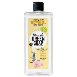 Shower gel with vanilla and cherry blossom scent, in a 300ml bottle. Made with natural green soap.