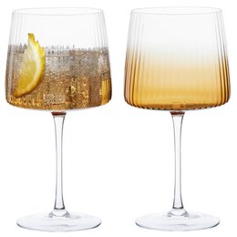Set of 2 amber-colored Empire Gin Glasses with a tall, round shape and ribbed texture.