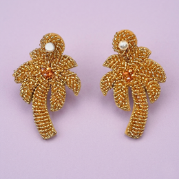  Gold beaded palm tree drop earrings, rocaille beads, tropical statement jewelry, dangling design.