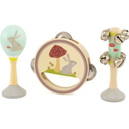 A musical toy set featuring a rabbit design, including a tambourine, rattle, and bell. The set is designed for children and promotes musical exploration and play.