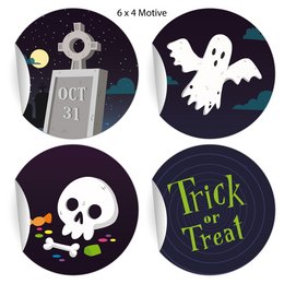 The product is a set of 24 cool Halloween stickers featuring ghosts, skulls, and the text "Trick or Treat". The stickers are made of matte paper and measure approximately 45mm in diameter. The stickers come in 5 different variants, with 24 stickers per sheet.

The key details that can be used for semantic search are:
- Colors: blue, matte
- Materials: paper
- Style: Halloween, ghost, skull
- Shape: round (45mm diameter)
- Text: "Trick or Treat"

This description provides enough information about the product's key features to enable effective semantic search for items related to Halloween, ghosts, skulls, and trick-or-treating.