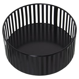 A round black metal fruit bowl with a striped pattern, containing various types of fresh fruit such as pears, apples, and citrus.