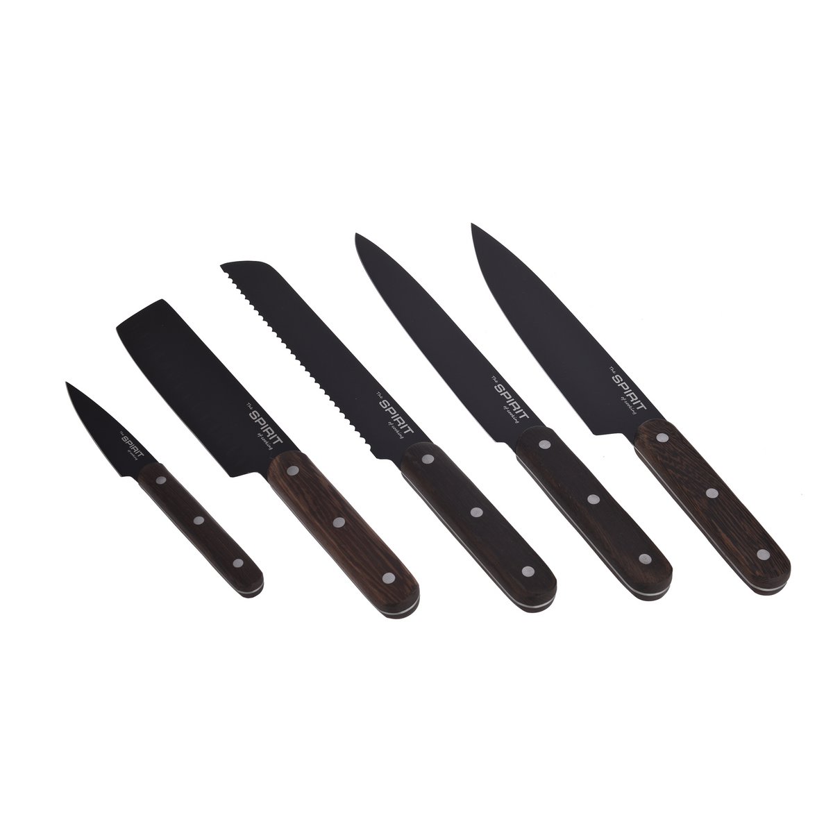 SOSL, Set de 5 Pièces, Ensemble Couteaux de Cuisine, Set Acier Inoxydable, Titane, avec Bloc en Bois d'Acacia, Couteaux de Chef, Pain, Écumoire,Viande, Poisson, Lame Noire